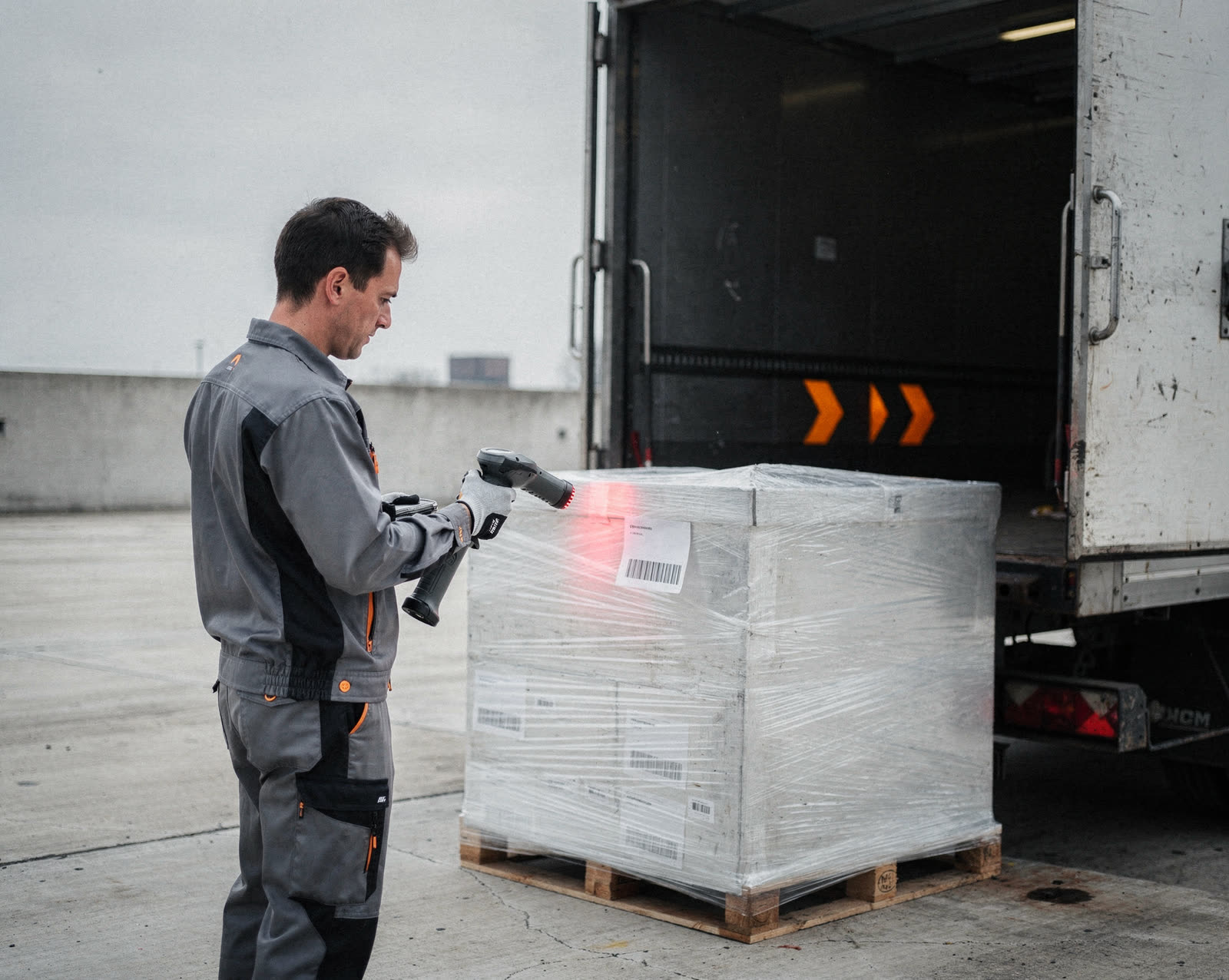 A dock worker scans a pallet label with a handheld scanner beside an open trailer