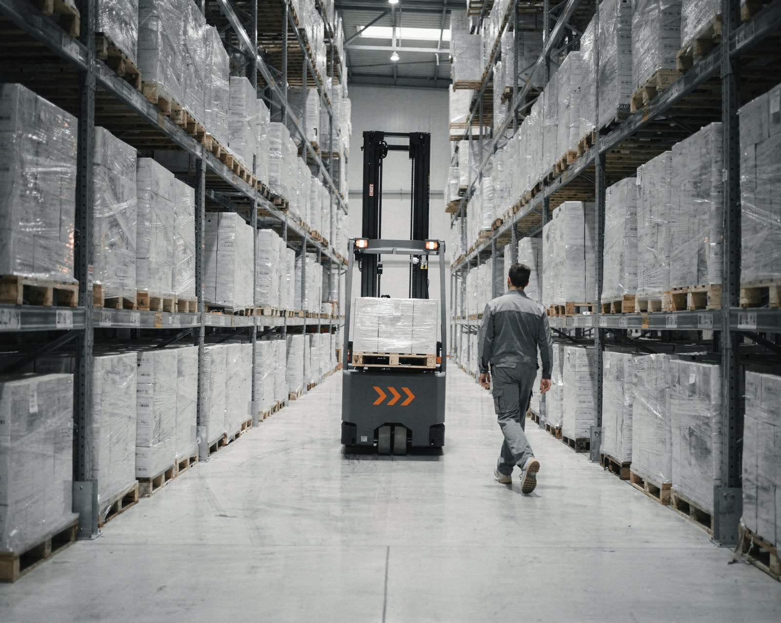 A forklift moves down a long aisle of wrapped pallets in a high-bay warehouse